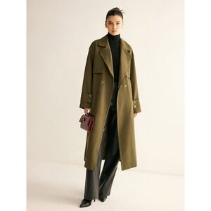 Commense Olive Green Trench Coat Longline Double Breasted Belted‎ Classic Style